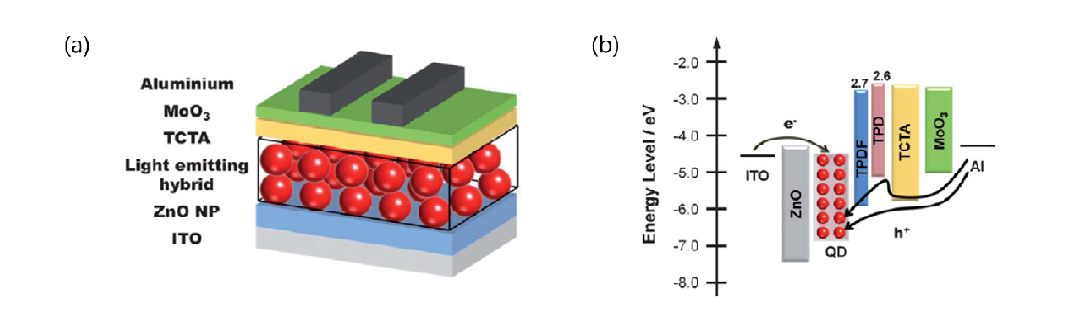 고분자-양자점 하이브리드 발광층을 적용한 양자점 발광다이오드의 (a) 구조 및 (b) 에너지 준위