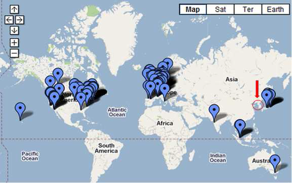 전세계 바이오멤스 기업 및 연구기관 지도 (FluidicMEMS.com) 오른쪽 화살표가 있는 한국은 관련 기업 및 연구기관이 전무한 것을 확인 가능.