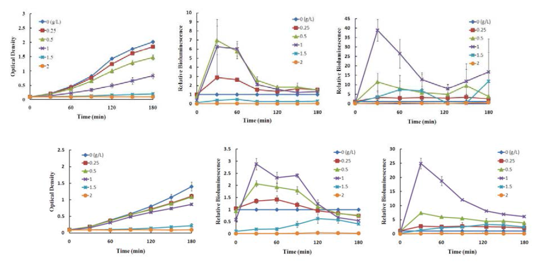 The growth of E. coli and relative bioluminescence (BL) for BL21 (A,B,C) and DH5α (D,E,F) when exposed to different concentrations of ferulic acid. A&D - Growth of the cultures