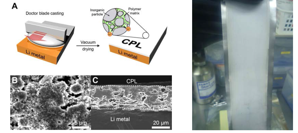 (좌-A) 리튬 금속 위 유무기 복합 보호막 제조법 모식도와 유무기 복합보호막 (좌-B) 표면 및 (좌-C) 단면SEM 사진들.