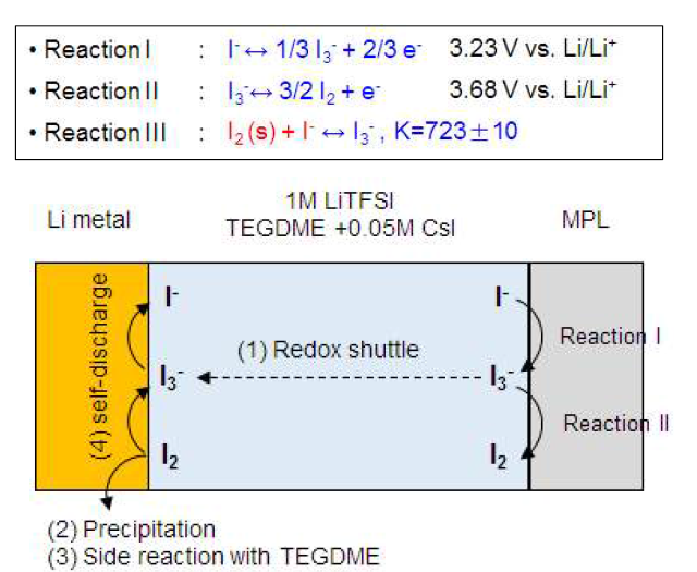 (위) Iodide (I-)의 전기화학적 반응 경로 및 전기화학적 반응작동 전위. (아래) Ar 조건 하 리튬/공기 전지에서 I-, I3 성 가능성을 가늠할 수 있는 반응경로 및 그에 따른 모식도.