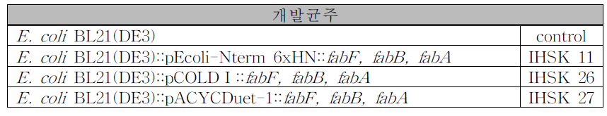 본 연구에서 사용된 개발 균주 목록