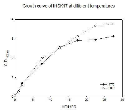 17℃와 30℃에서의 IHSK17 균주의 성장곡선