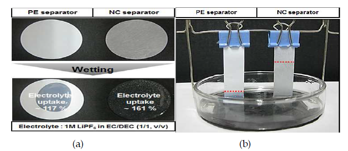 (a) PE 분리막과 복합 분리막의 전해액 젖음성 테스트, (b) 전해액 젖음 높이 측정 테스트
