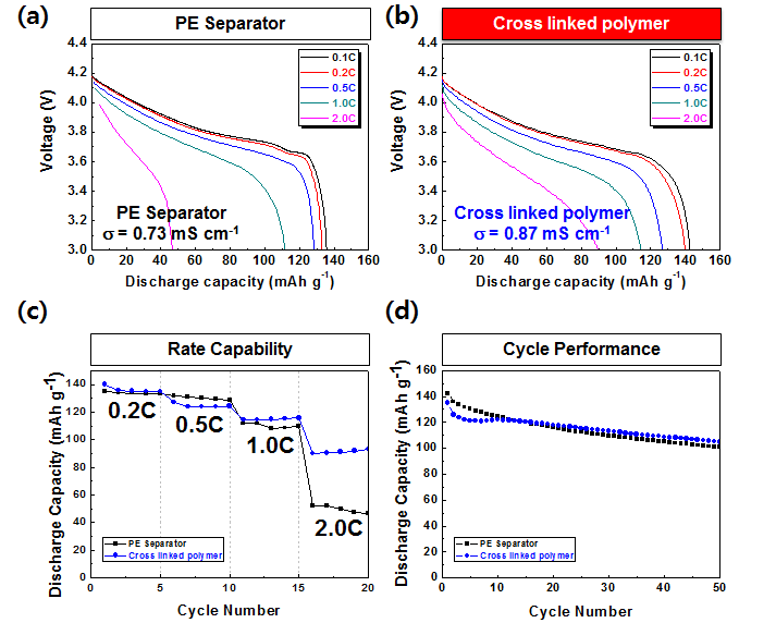 (a) PE 분리막의 율별방전 그래프와 (b) 신규 고안전성 복합 분리막의 율별방전 그래프, (c) PE 분리막과 복합 분리막의 율별방전 비교 그래프, (d) 1.0C 충방전 사이클 특성