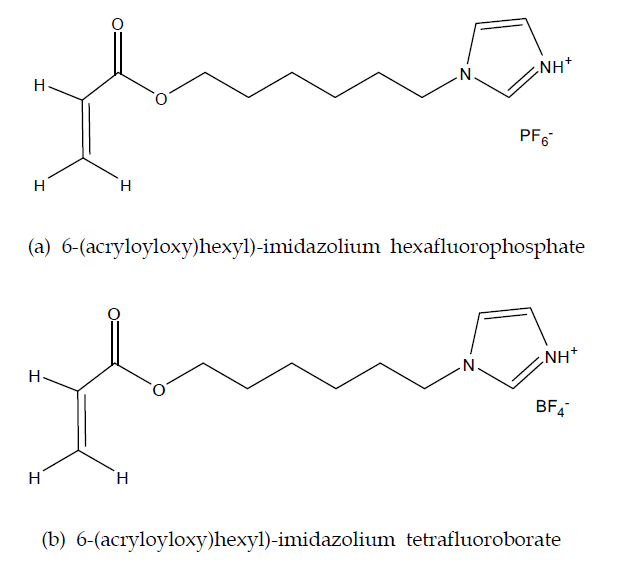 Ionic liquid monomers containing (a) PF6- and (b) BF4- anion.