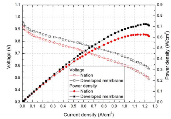 탄화수소계 전해질막과 Nafion211을 사용한 MEA의 성능 곡선 비교, Catalyst loading amount