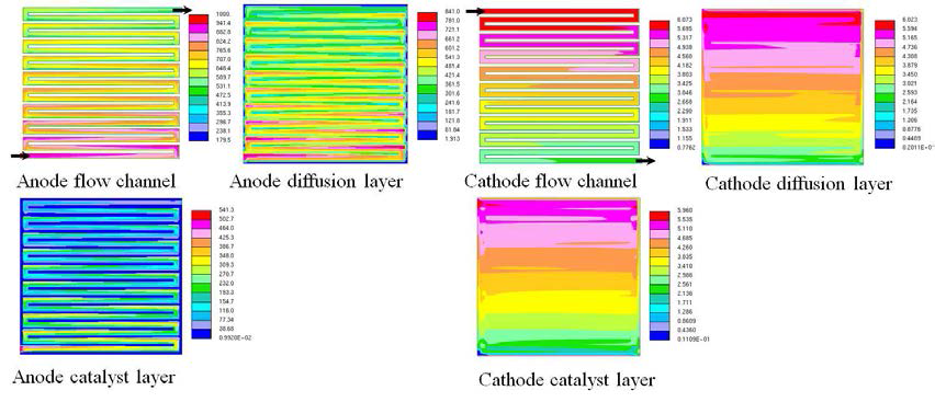 3D DMFC CFD코드를 이용한 시뮬레이션 결과. 연료극 메탄올 농도분포 (좌), 공기극 산소 농도분포 (우)
