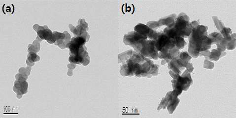 (a) non-calcination, (b) calcination Nanoparticle MnO2의 TEM images