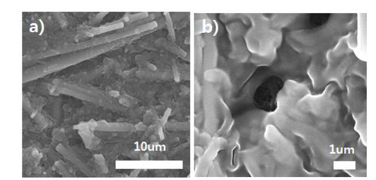 a) Kejten black과 b) GNF를 사용한 RuO2/MnOOH/C 복합 촉매의 충·방 전 테스트 후 SEM image