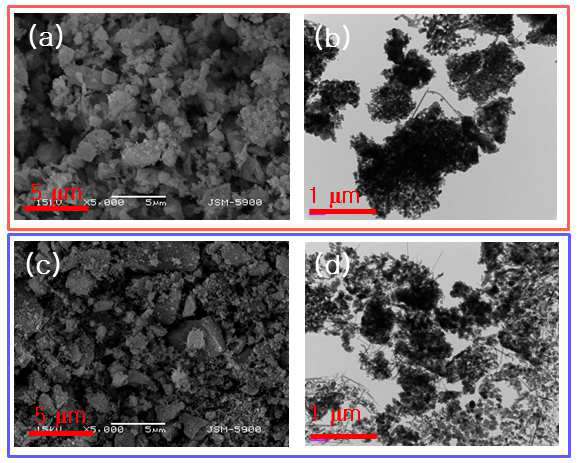 SEM and TEM images of SiC synthesized on (a, b) Ar and (c, d) H2 mixed Ar gases.
