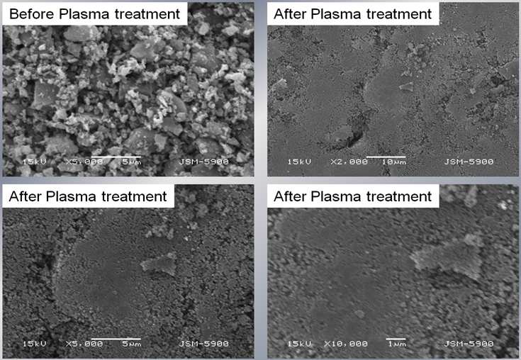 SEM images of SiC powders before and after plasma treatment.