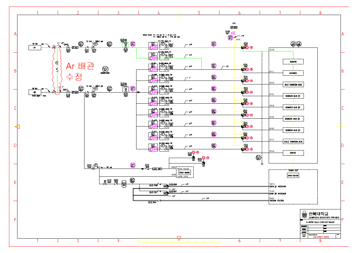 0.4 MW 플라즈마 토치 Air 공급라인에 Ar 공급을 위한 배관 수정 도면
