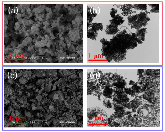SEM and TEM images of SiC synthesized on (a, b) Ar and (c, d) H2 mixed Ar gases