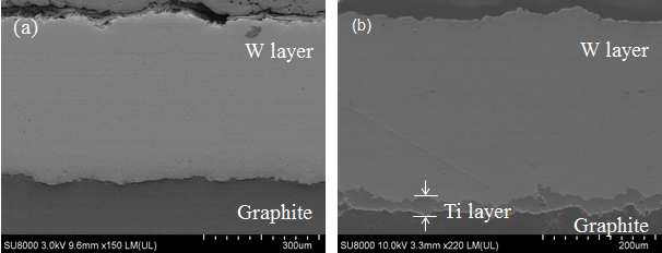 Graphite 위 중간층과 중간층 없이 용사코팅된 텅스텐 단면