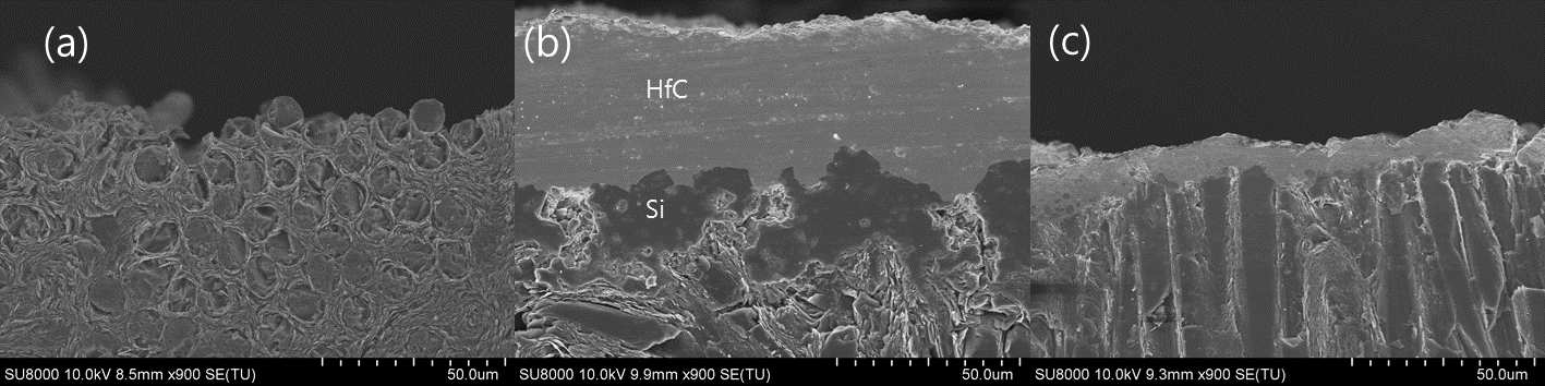 (a) C/C (b) CVR-C/C (c) Si함침-C/C에 대한 HfC 코팅 후 절단면 SEM