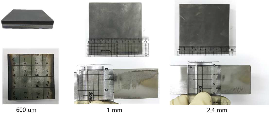 100 mm x 100 mm 시편위 두께별 텅스텐 코팅 결과