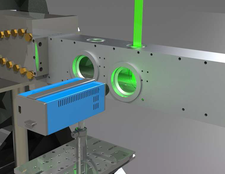 Drawing of PIV experimental arrangement, showing the camera system, laser sheet, and test section. Flow is from left to right.