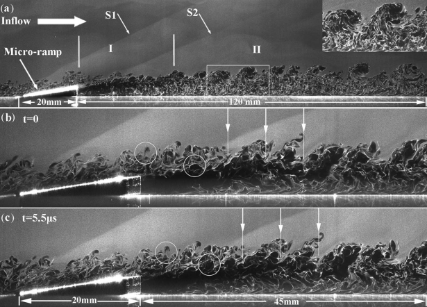 Instantaneous streamwise flow structures: (a) image captured on the median plane of the micro-ramp; (b), and (c) an image pair captured with a delay of 5.5 μs on the 1/6 span location which is expected to be the location of one streamwise vortex core