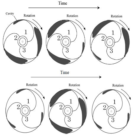 Rotating cavitation(위)와 cavitation surge(아래) 현상의 개략도