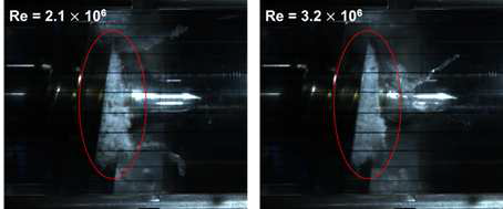 다른 레이놀즈 수에서 인듀서 캐비테이션 가시화(σ=0.081, Σ*=0.0122)