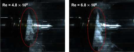 다른 레이놀즈 수에서 인듀서 캐비테이션 가시화(σ=0.089 Σ*=1.23)
