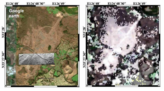변화 탐지를 위하여 선정된 지역의 Google earth 영상과 Airborne SAR 영상의 촬영 지역(좌). Landsat 영상을 이용한 변화 탐지 맵(우)