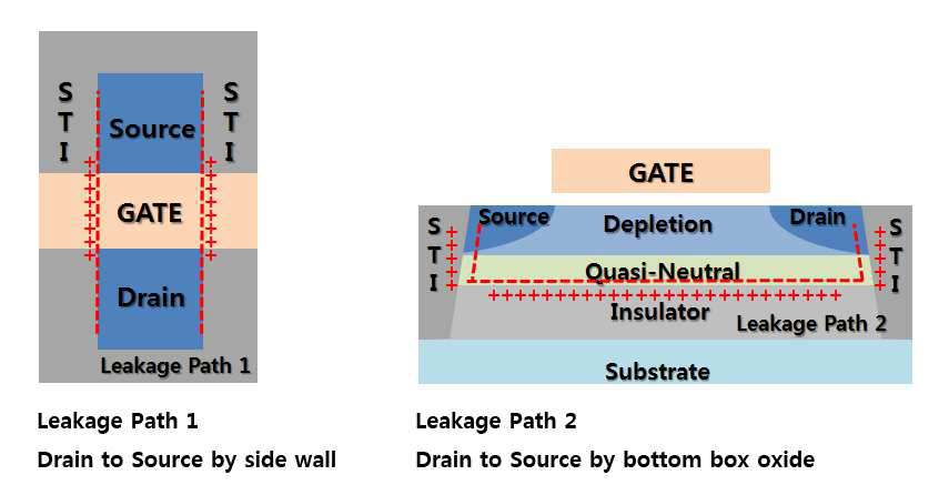 TID damage 에 의해 SOI 기반 단위 MOSFET 상에 형성된 Leakage Path