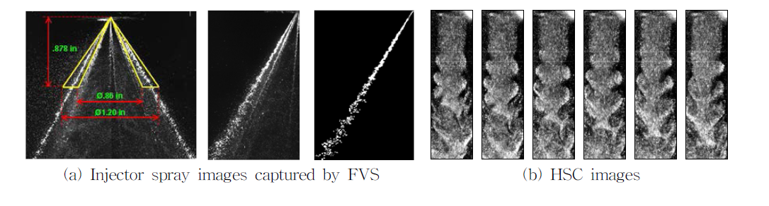 Water flow test by laser imaging, real/extracted spray images