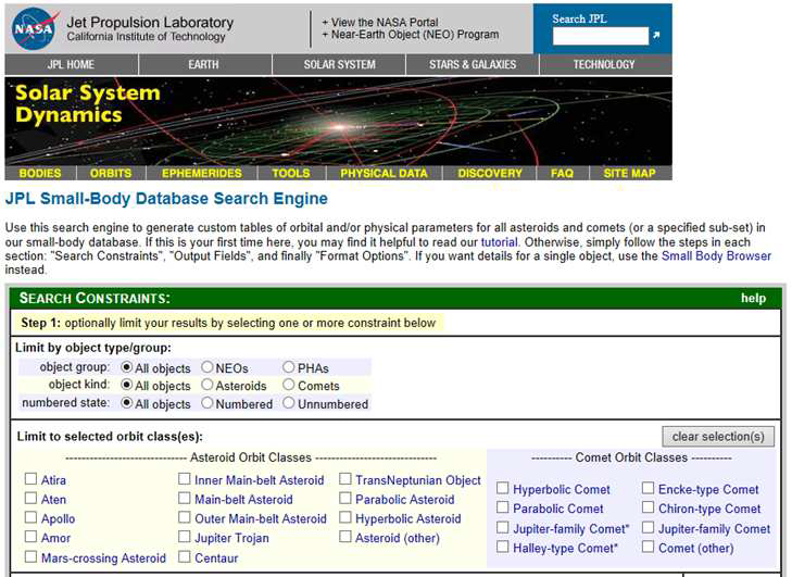 NASA JPL Small-Body Database Search Engine