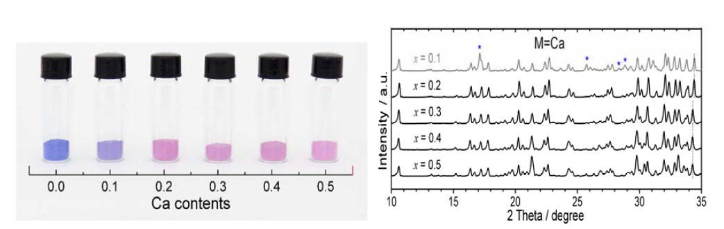 (a)치환된 Ca 양에 따른 Na2Co1-xCaxP2O7의 색깔 변화와 (b) 이의 XRD 결과