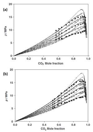 (a)이산화탄소 + Propyl lactate, (b)이산화탄소 + Butyl lactate의 기액 상평형.