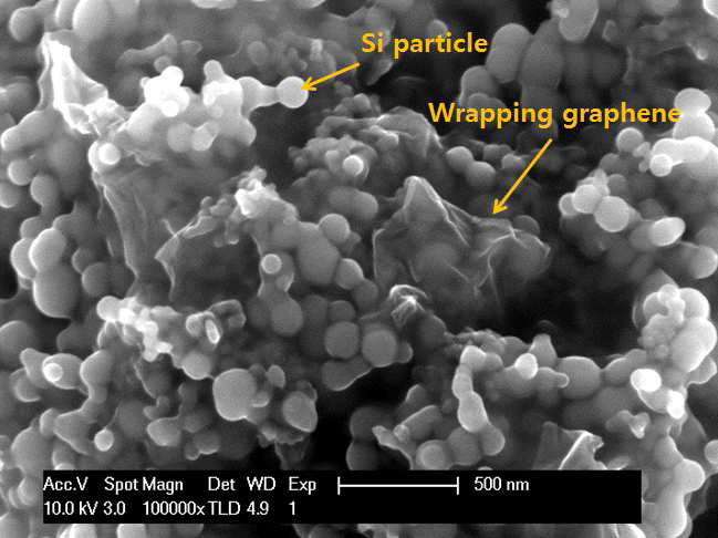 Si 입자를 감싸고 있는 Si-graphene 복합체의 전자투과현미경 사진