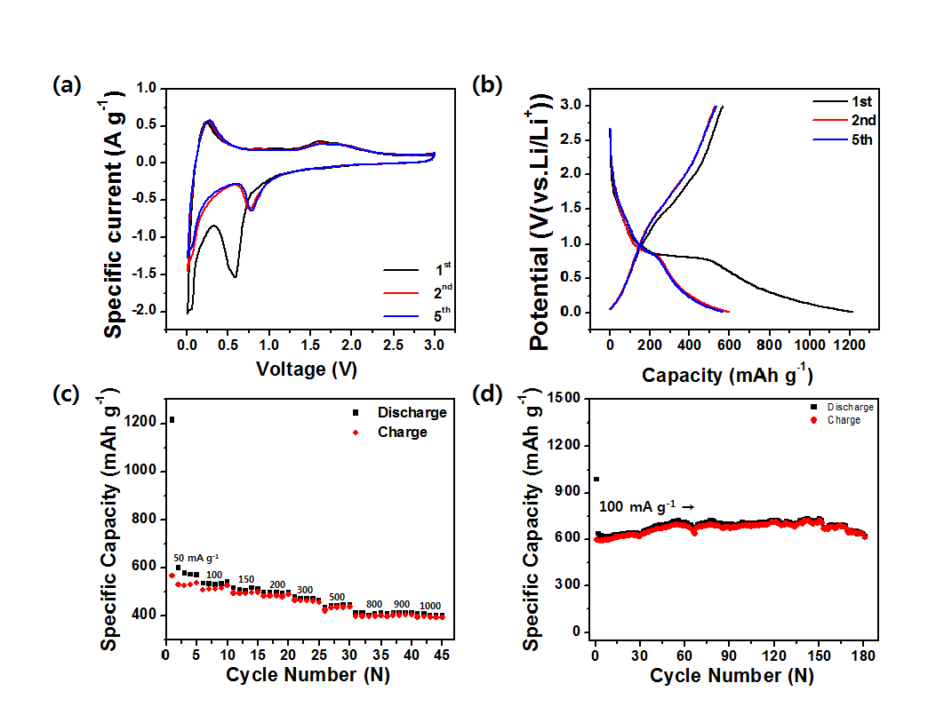 탄소나노튜브-탄소나노튜브/Fe의 (a) 0.5mv/s에서 CV curve, (b) 50mA/g에서 1, 2, 5번째 충방전 그래프, (c) 50 mA/g 대비 1000 mA/g에서 rate capability, (d) 100 mA/g에서 cycle stability.