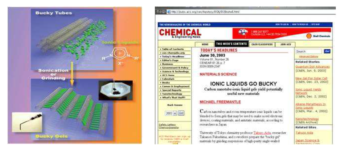 이온성액체를 이용한 탄소나노튜브 복합체 및 관련 기사 (Aida et al. Science 2003, 300, 2072; Chem. Eur. J. 2007, 13, 504-5058 Review; C&EN Today