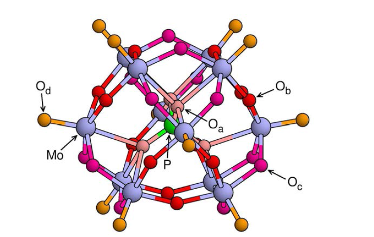 Keggin-type phosphomolybdate [PMo12O40]3-의 구조.