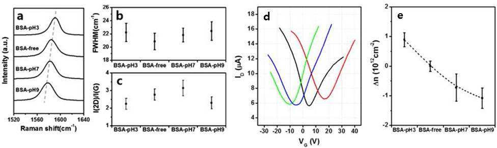 pH 조건에 따른 SiO2/변성단백질/그래핀 트랜지스터의 (a-c) 라만 스펙트럼 분석 결과, (d, e) I-V 커브와 유도된 전하 캐리어 변화
