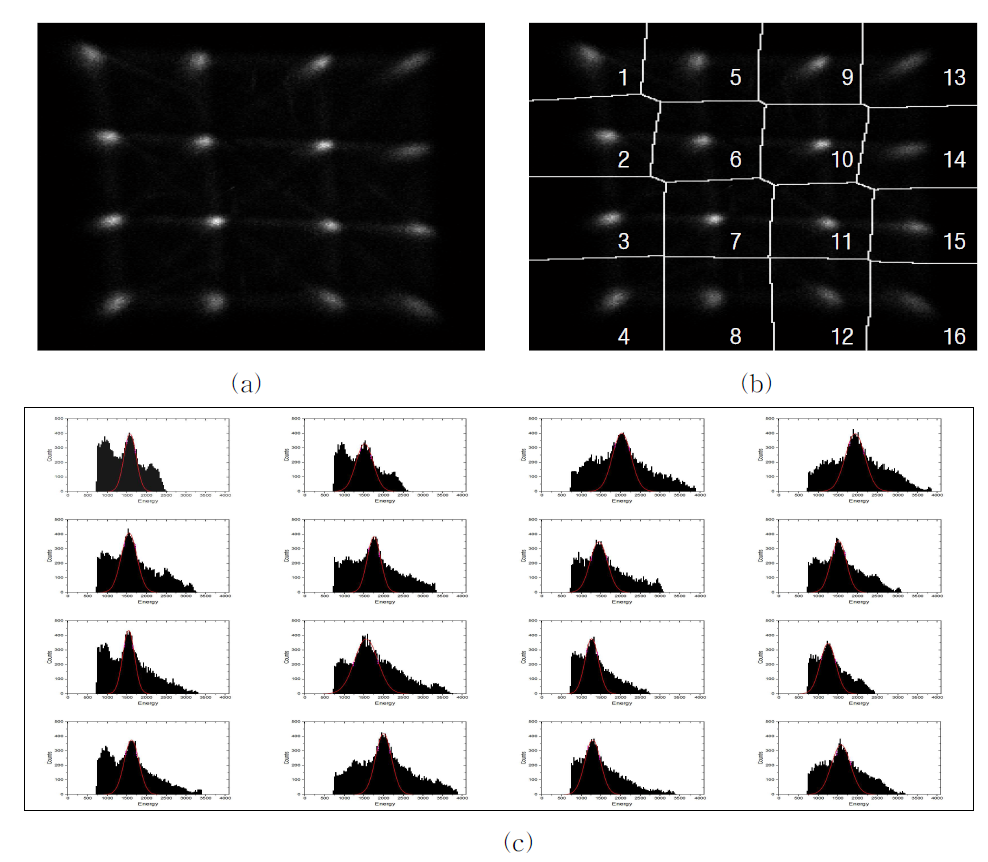 집적회로를 이용해 획득한 플러드맵 (a), 플러드맵 내 4 × 4 픽셀을 구분한 결과 (b), 구분 된 픽셀별 에너지스펙트럼 및 511 keV 영역 가우시안 피팅 결과 (c)