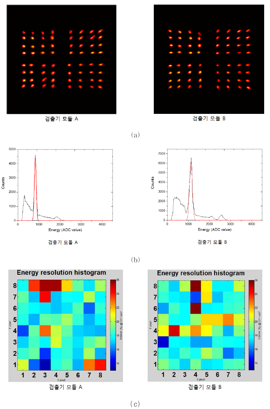 집적회로를 이용해 획득한 플러드맵 (a), 특정 픽셀의 에너지 스펙트럼 (b),