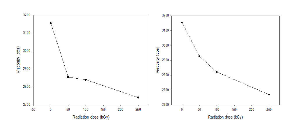 방사선 조사법에 의해 해중합되어 생성된 폴리올의 점도; (좌)전 조사법, (우)후 조사법