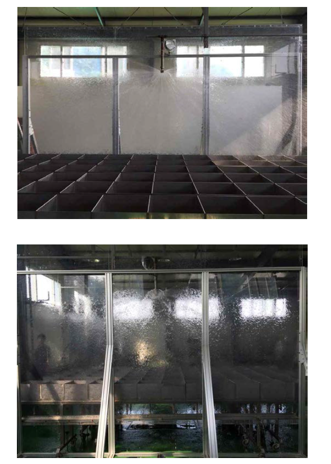 Experimental set-up for conventional sprinkler (a) 위 구조물 내측방향 거리별 살수분포 측정모형 (b) 아래 측벽 살수높이, 살수범위 측정모형