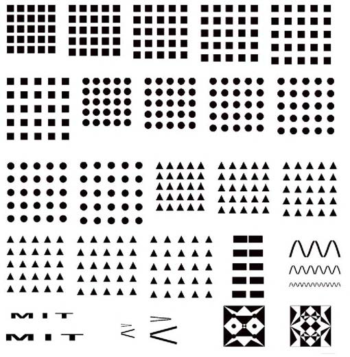 Shows design of the patterns with various shape and spacing between etched (white) and unetched (black) regions.