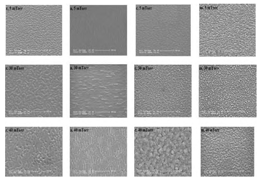 SEM images of the surface morphology of VO2 films on Al2O3 substrates grown at different oxygen partial pressure