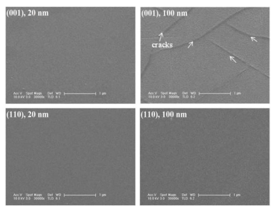 SEM image of surface morphology of 20 and 100nm of VO2 thin films deposited on (001) and (110) TiO2 substrates