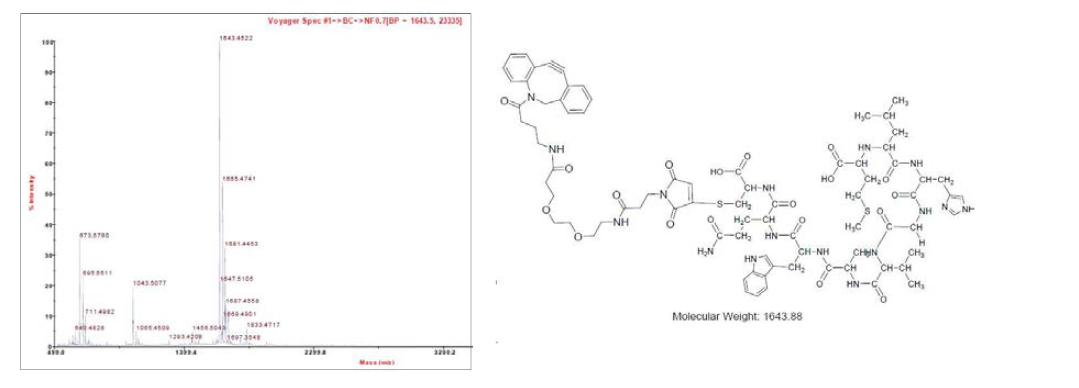 Structure and Maldi-tof analysis of dibenzoyclooctyne(NH2)-SM(PEG)2-BBN(7-14)-C(SH). [M]+ found (calc.):1643.45