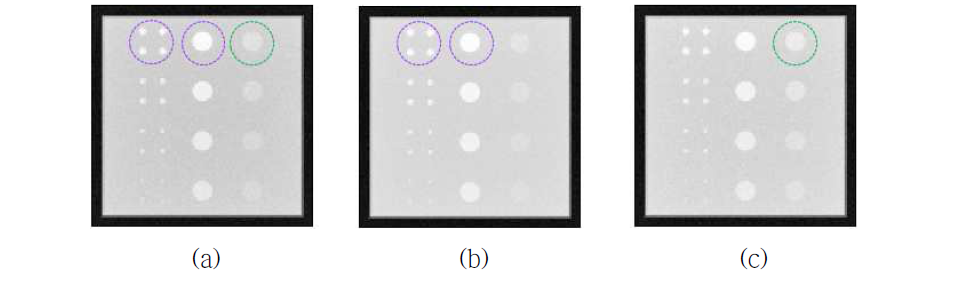 (a) reference 영상, (b) CaCO3 1.6 mm에 최적화된 영상, (c) Iodine 1.6 mm에 최적화된 영상