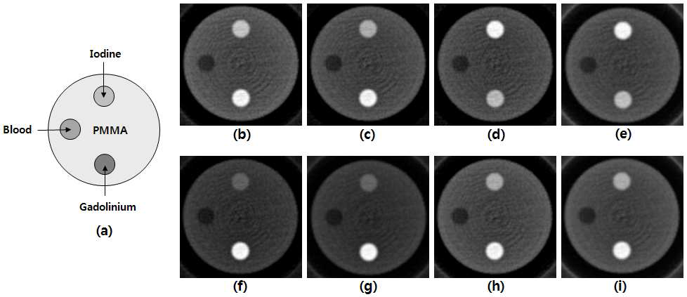 (a)시뮬레이션 상에 모사한 팬텀의 모양. (b)일반적인 검출기를 사용하여 획득한 영상. (c)광자계수기반 검출기를 사용하고 에너지별 가중방법이 적용되지 않은 영상. (d)iodine, (f)gadolinium, (h)blood에 최적화된 투사된 영상 기반 에너지별 가중치 적용 방법 적용한 영상. (e)iodine, (g)gadolinium, (i)blood에 최적화된 재구성 단층 영상기반 에너지별 가중치 적용 방법을 적용한 영상