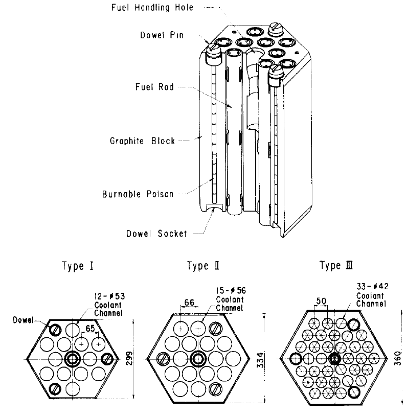 일본 Pin-in-hole 형 핵연료 블록 및 시험 모델 단면도
