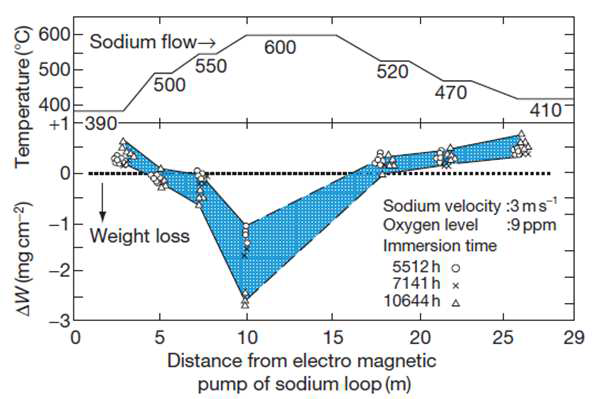 유동 소듐 환경에서 부식시험 후 SS 316강의 중량 변화