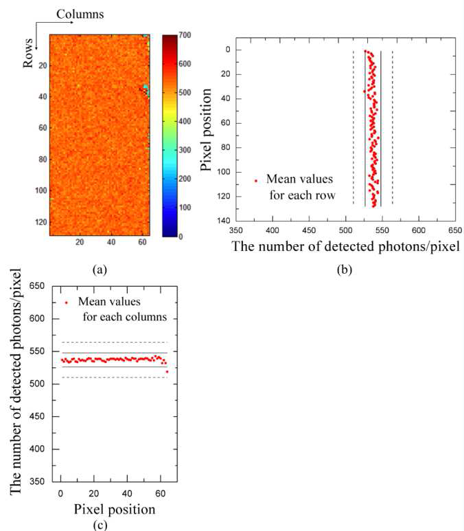 (a) 새로운 방법을 이용하여 보정한 영상, (b) 검출되는 광자수의 각 행의 평균값을 검출기의 위에서 아래 방향으로 표현, (c) 검출되는 광자수의 각 열의 평균값을 검출기의 왼쪽에서 오른쪽 방향으로 표현